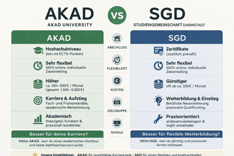 AKAD vs SGD Weiterbildung Vergleich mit Unterschieden bei Kosten, Abschluss, Flexibilität und Niveau
