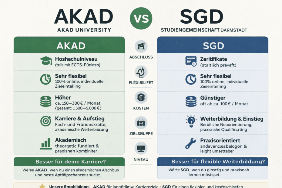 AKAD vs SGD Weiterbildung Vergleich mit Unterschieden bei Kosten, Abschluss, Flexibilität und Niveau
