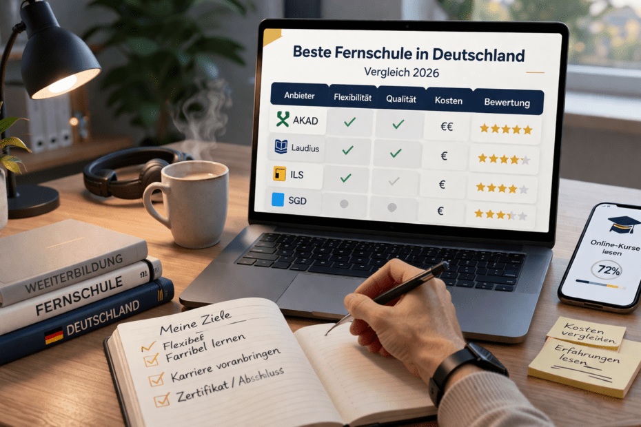 Beste Fernschulen Deutschland Vergleich mit Anbietern, Erfahrungen und flexibem Lernen am Laptop