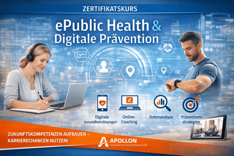 Digitale Prävention Weiterbildung mit Laptop, App und Smartwatch zur Gesundheitsförderung im Fernstudium